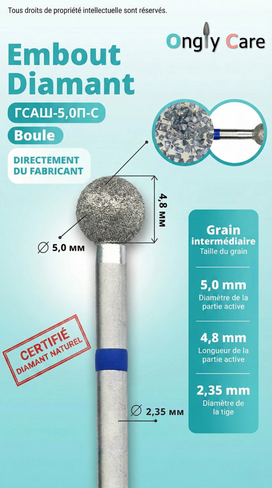 Infographie embout diamant forme boule Ø 5,0 mm, longueur active 4,8 mm, tige 2,35 mm, grain intermédiaire.