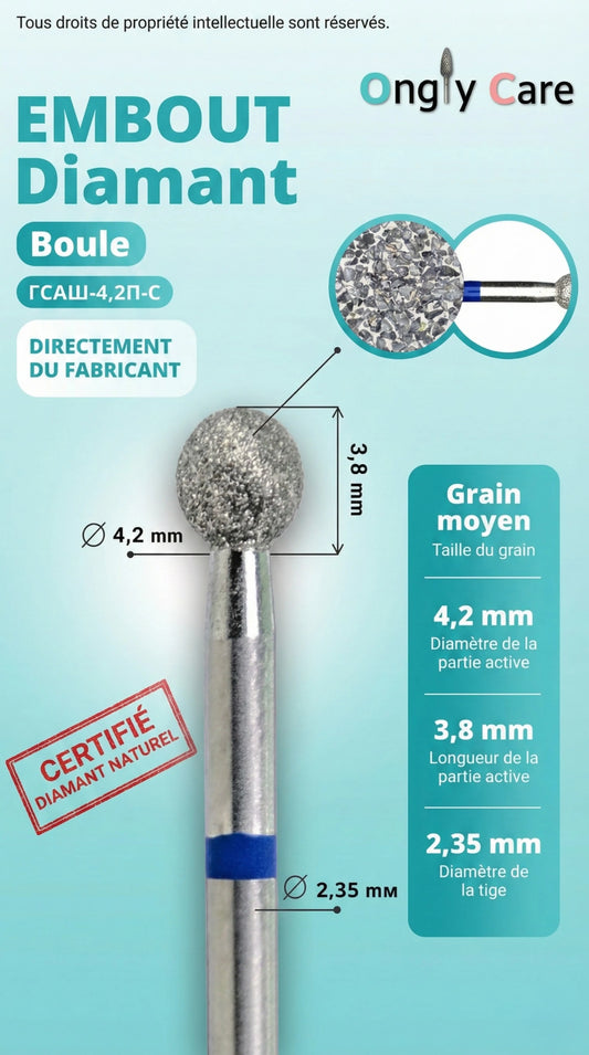 Infographie embout diamant forme boule Ø 4,2 mm, longueur active 3,8 mm, tige 2,35 mm, grain moyen.