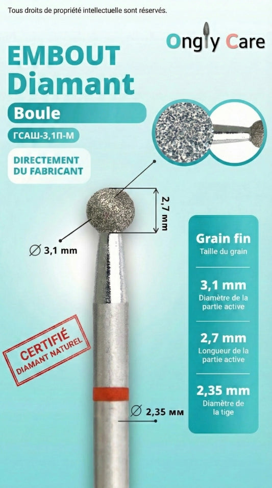 Infographie Ongly Care de l’embout diamant boule KMIZ Ø 3,1 mm grain fin, avec dimensions (partie active 2,7 mm, tige 2,35 mm) et zoom sur le grain.