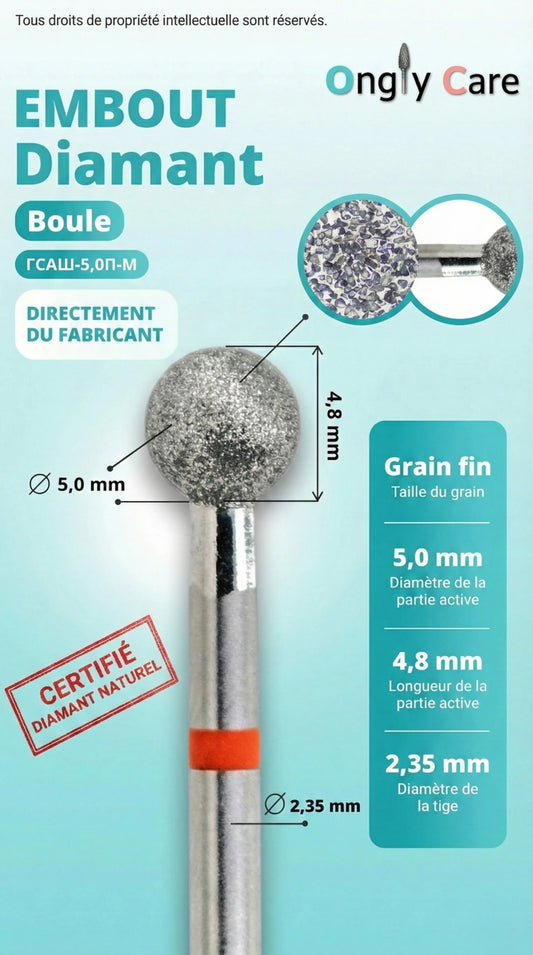 Infographie embout diamant forme boule Ø 5,0 mm, longueur active 4,8 mm, tige 2,35 mm, grain fin.