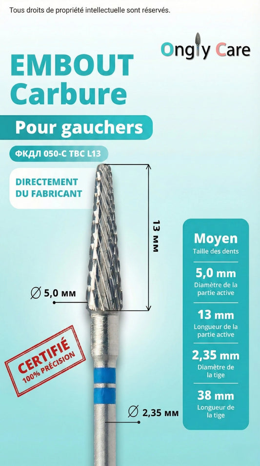 Infographie Ongly Care embout carbure pour gauchers KMIZ 117975 : cône Ø5,0 mm, longueur 13 mm, tige Ø2,35 mm, dents moyennes.
