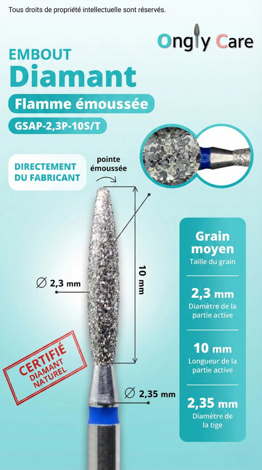 Infographie Ongly Care de l’embout diamant flamme émoussée : grain moyen, diamètre partie active 2,3 mm, longueur 10 mm, tige 2,35 mm, pointe émoussée (GSAP-2,3P-10S/T)