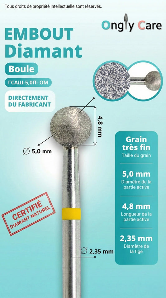 Infographie embout diamant forme boule Ø 5,0 mm, longueur active 4,8 mm, tige 2,35 mm, grain très fin.