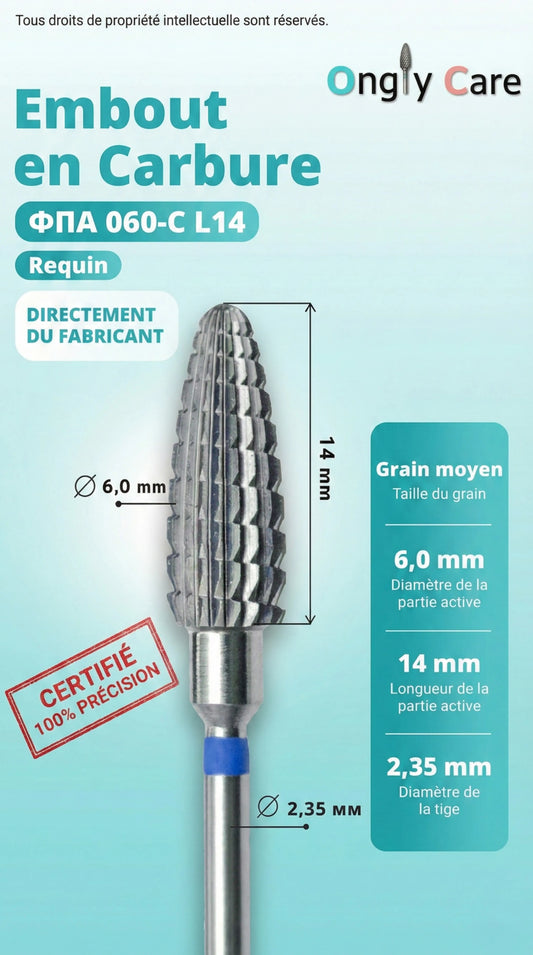 Infographie présentant un embout en carbure forme requin grain moyen : Ø 6,0 mm, longueur active 14 mm, tige Ø 2,35 mm.
