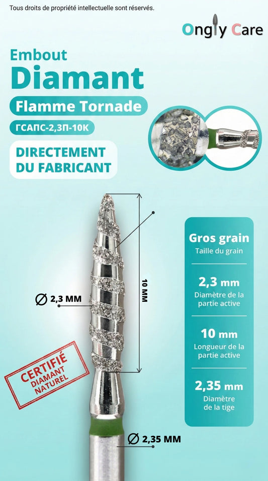 Visuel Ongly Care d’un embout de ponceuse diamant KMIZ forme flamme tornade, gros grain (anneau vert), avec dimensions : partie active Ø 2,3 mm sur 10 mm et tige Ø 2,35 mm.