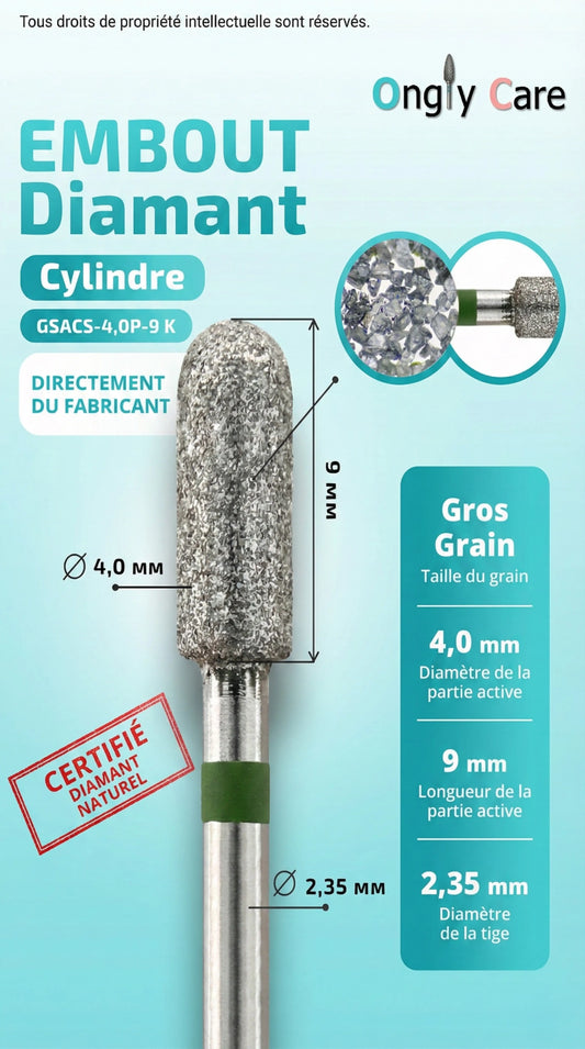 Infographie Ongly Care de l’embout diamant cylindre KMIZ 118338 : grain gros, diamètre partie active 4,0 mm, longueur 9 mm et tige 2,35 mm.