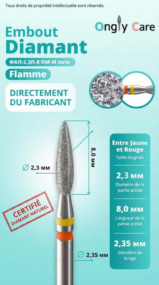 Visuel Ongly Care d’un embout de ponceuse diamant KMIZ forme flamme, grain intermédiaire entre jaune et rouge (double bague), avec dimensions : Ø 2,3 mm, longueur active 8,0 mm et tige Ø 2,35 mm.