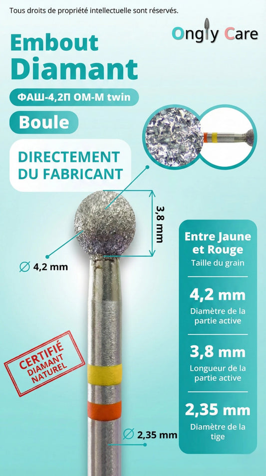 Visuel Ongly Care d’un embout de ponceuse diamant KMIZ forme boule, grain intermédiaire entre jaune et rouge (double bague), avec dimensions : Ø 4,2 mm, longueur active 3,8 mm et tige Ø 2,35 mm.