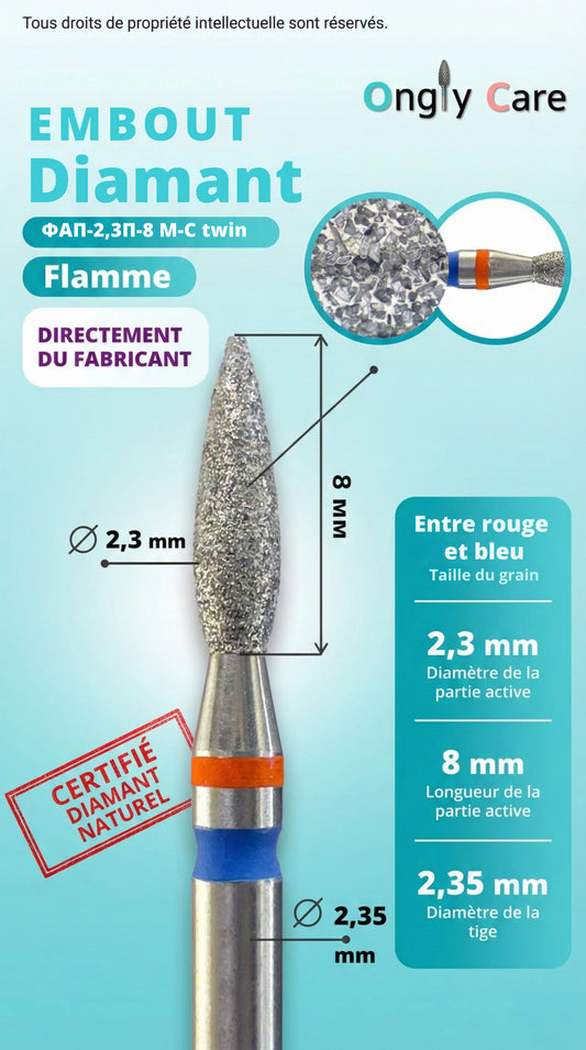 Infographie embout diamant forme flamme Ø 2,3 mm, longueur active 8 mm, tige 2,35 mm, grain entre rouge et bleu.