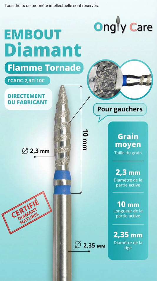 Infographie Ongly Care embout diamant Flamme Tornade pour gauchers : grain moyen, Ø2,3 mm, longueur 10 mm, tige Ø2,35 mm