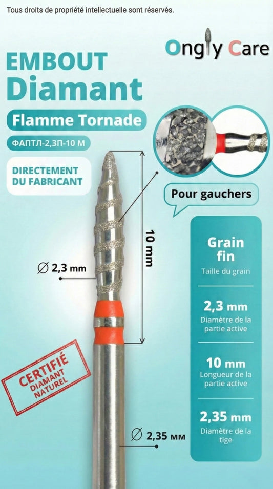 Visuel produit Ongly Care : embout de ponceuse diamant KMIZ forme flamme tornade pour gauchers, grain fin, partie active 10 mm (Ø 2,3 mm) et tige Ø 2,35 mm.