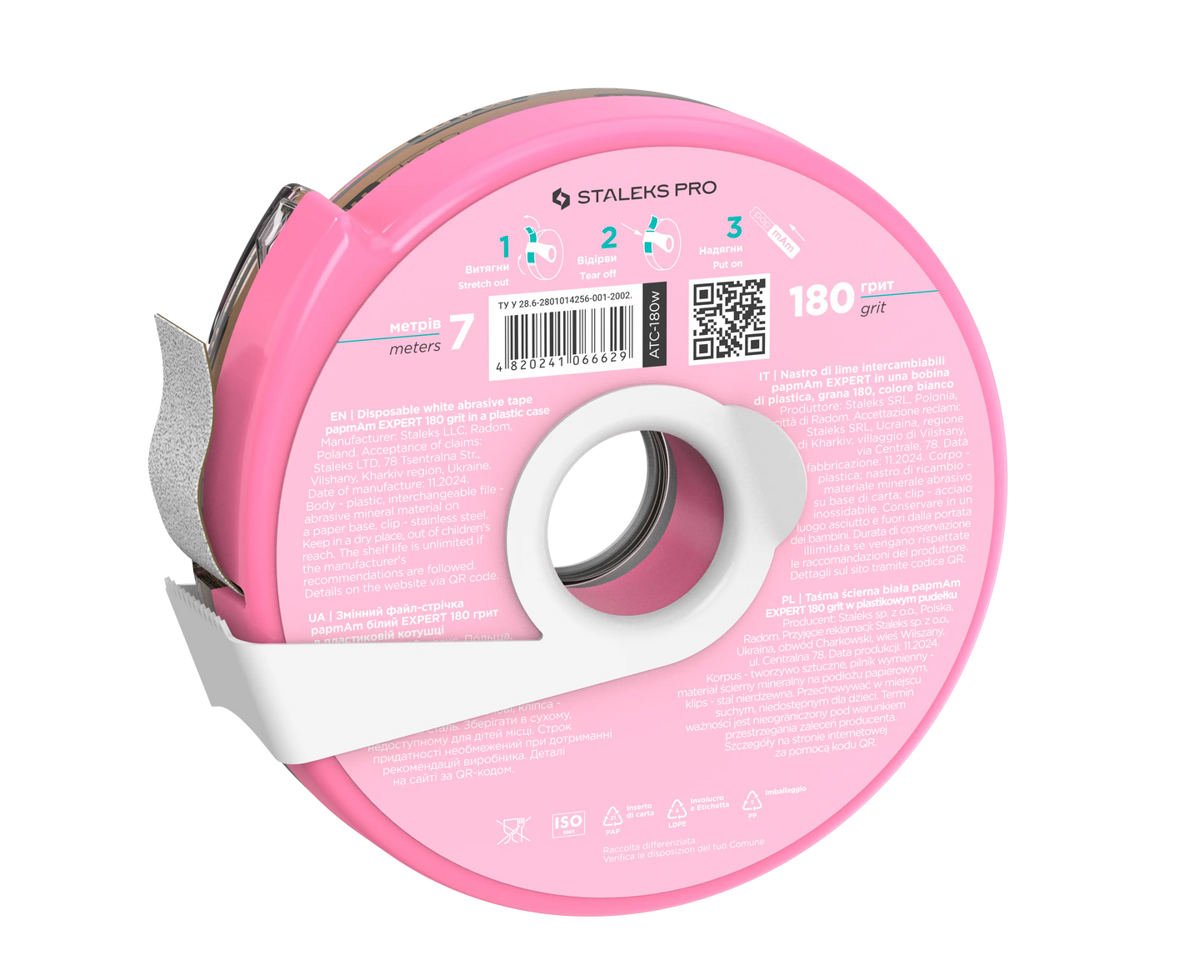 Dos du boîtier plastique de la lime-ruban papmAm en rouleau STALEKS PRO. Présentation des instructions d'utilisation illustrées en 3 étapes, de la longueur de 7 mètres et des informations techniques du produit grain 180.