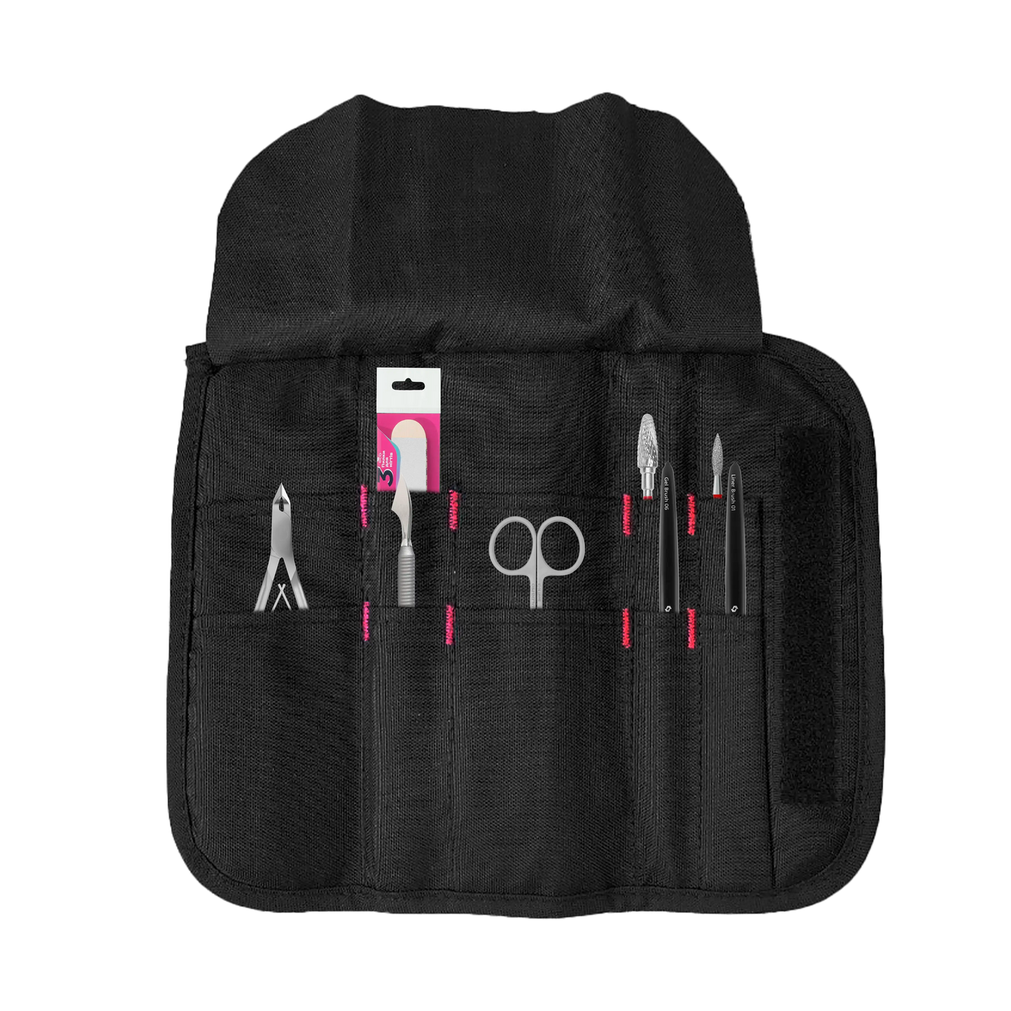Pochette CS-14 ouverte avec exemples d’outils rangés.