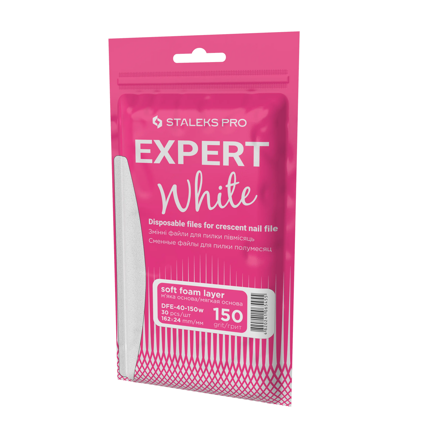 Vue inclinée du sachet Staleks Pro Expert White DFE-40-150W, recharges mousse grain 150.