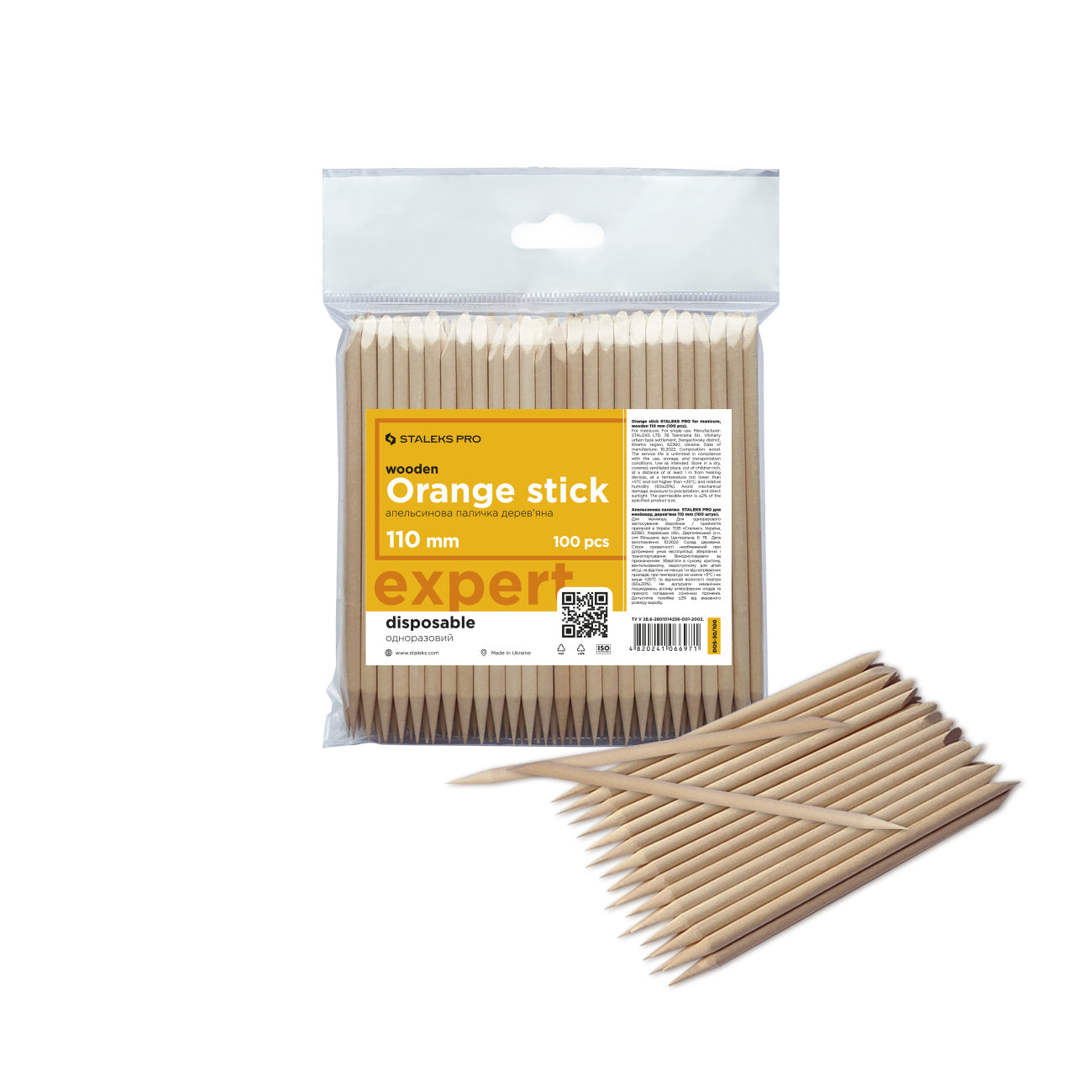 Lot de 100 bâtonnets bois d’oranger 110 mm, vue pack sur fond blanc.