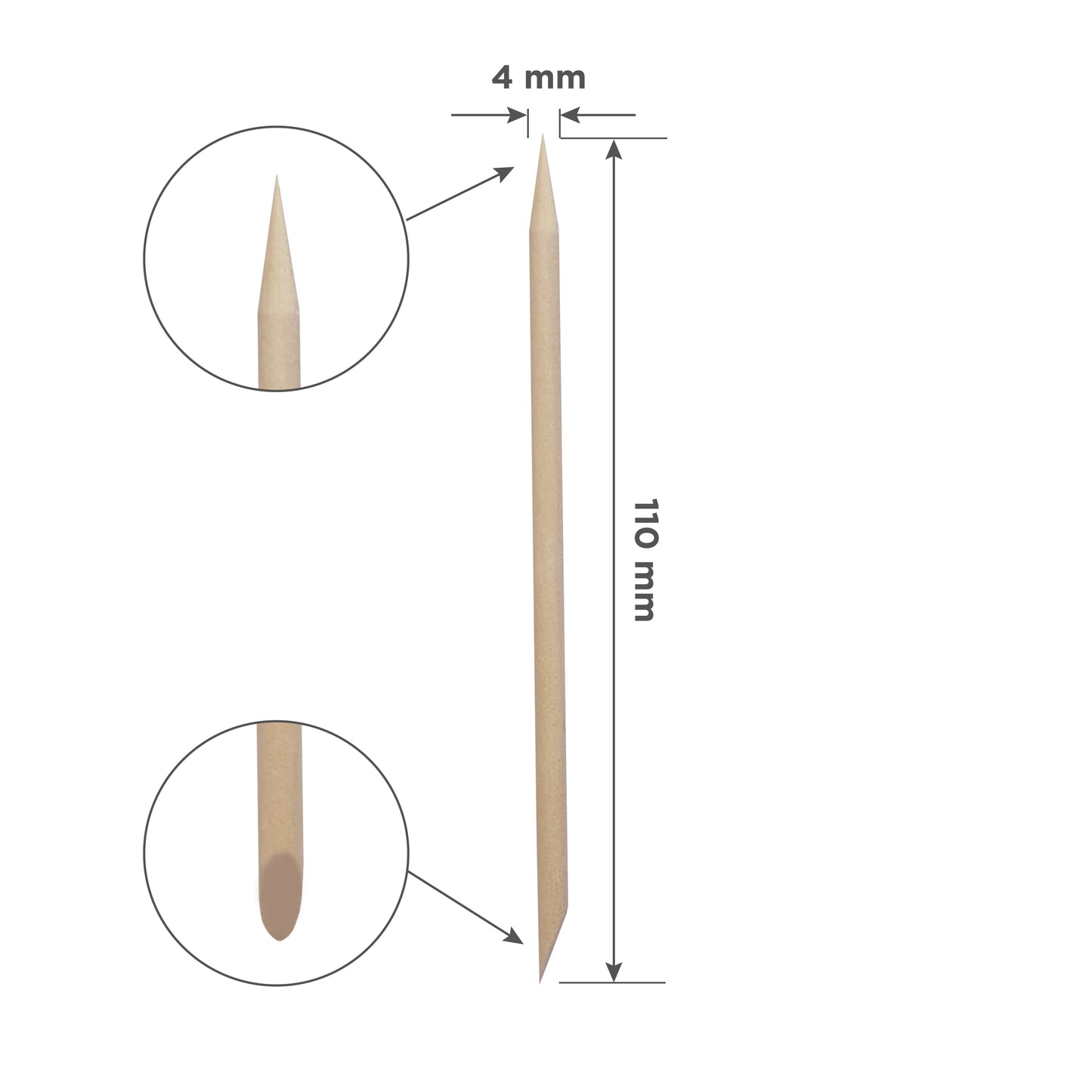 Schéma bâtonnet 110 mm × 4 mm avec détails embouts pointu et plat.