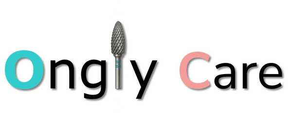 Logo OnglyCare représentant un embout de ponceuse en métal entre la lettre "O" turquoise et la lettre "C" rose, sur fond noir.