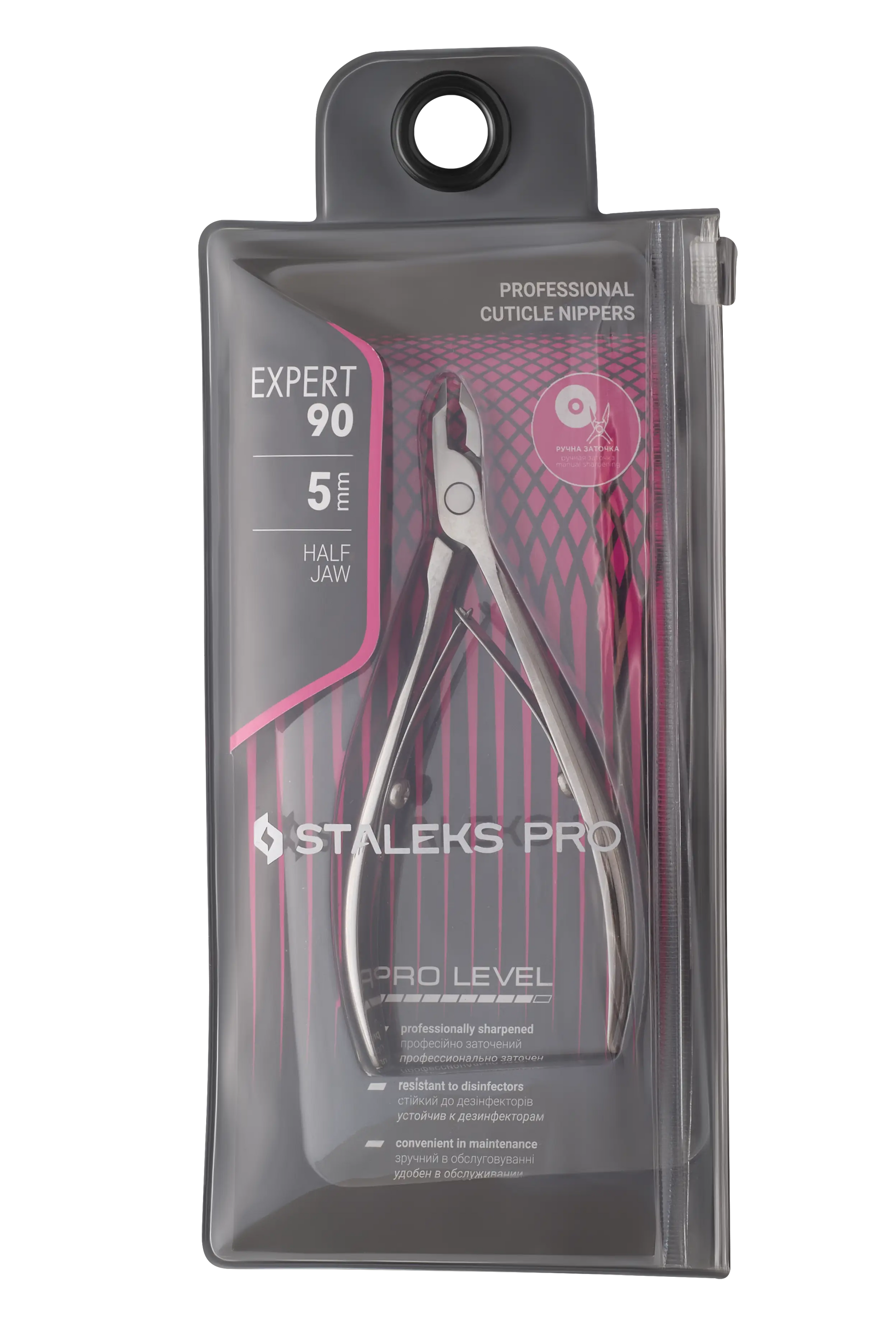 Pince à envies STALEKS Expert NE-90-5 en packaging fermé, avec design rose et noir de la gamme EXPERT 90.