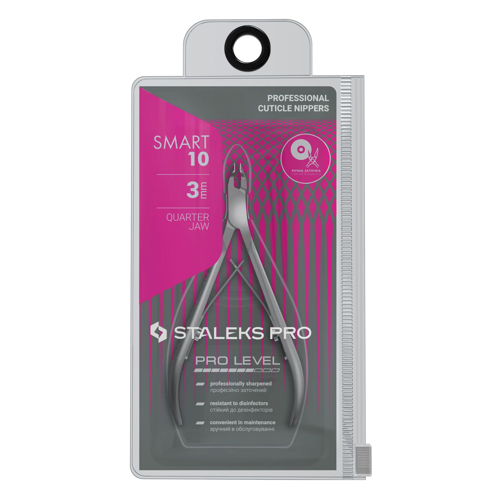 Emballage officiel STALEKS Smart NS-10-3, pince à envies professionnelle présentée dans son étui plastique rose et gris.