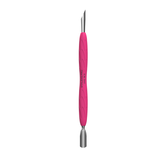 Pusher repousse-cuticules Staleks UNIQ 10 Type 2, manche silicone rose, double embout.