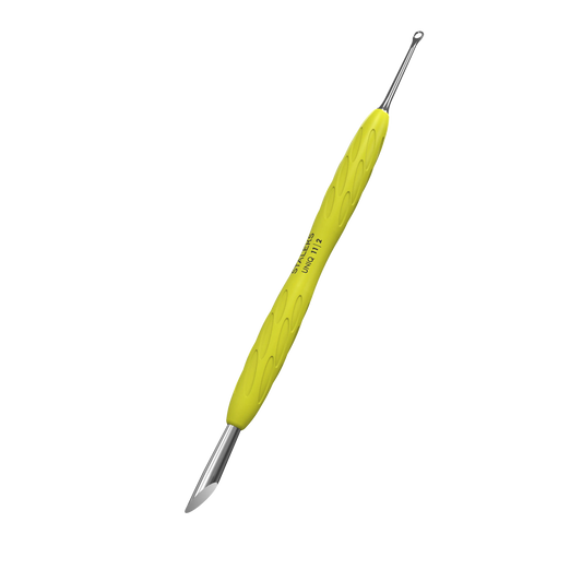 Pusher Staleks Pro UNIQ 11 Type 2 Gummy jaune en vue inclinée, manche silicone ergonomique et double embout professionnel