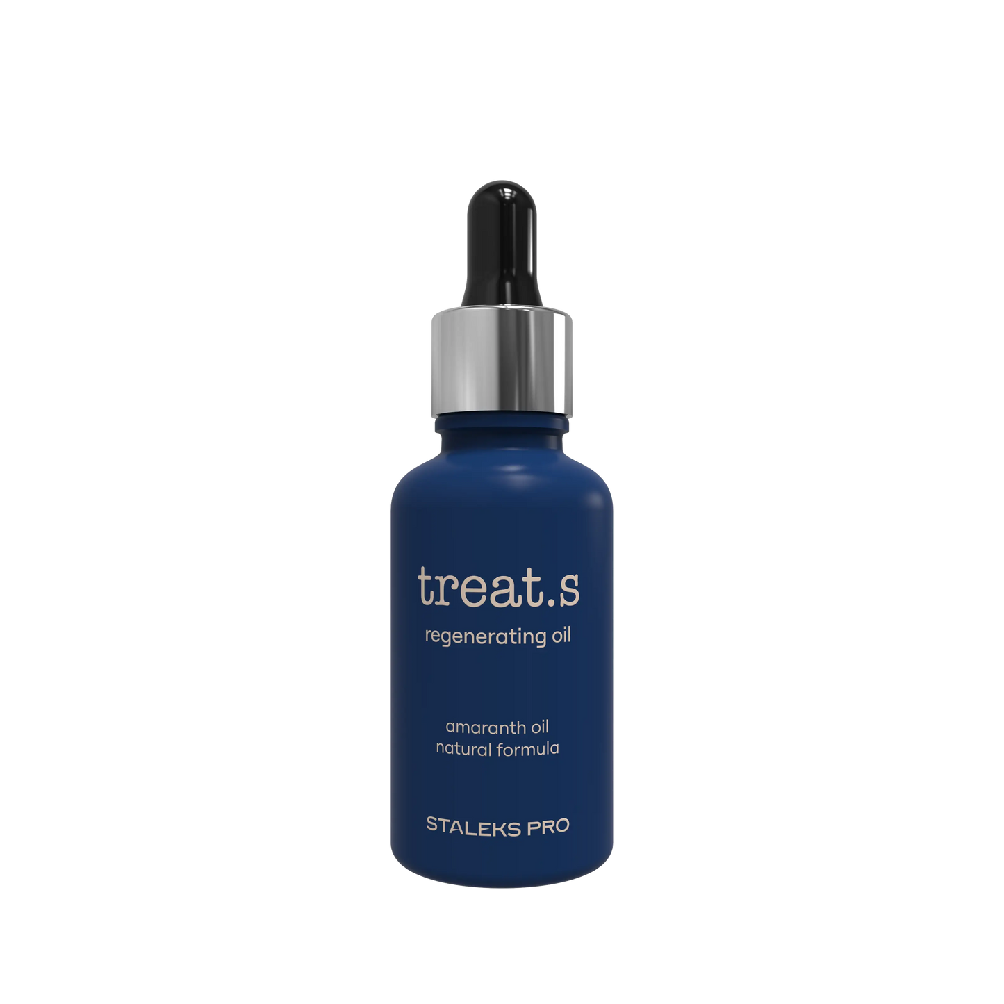 Flacon d’huile régénérante treat.s 30 ml de Staleks Pro, compte-gouttes, vue de face (bleu nuit).