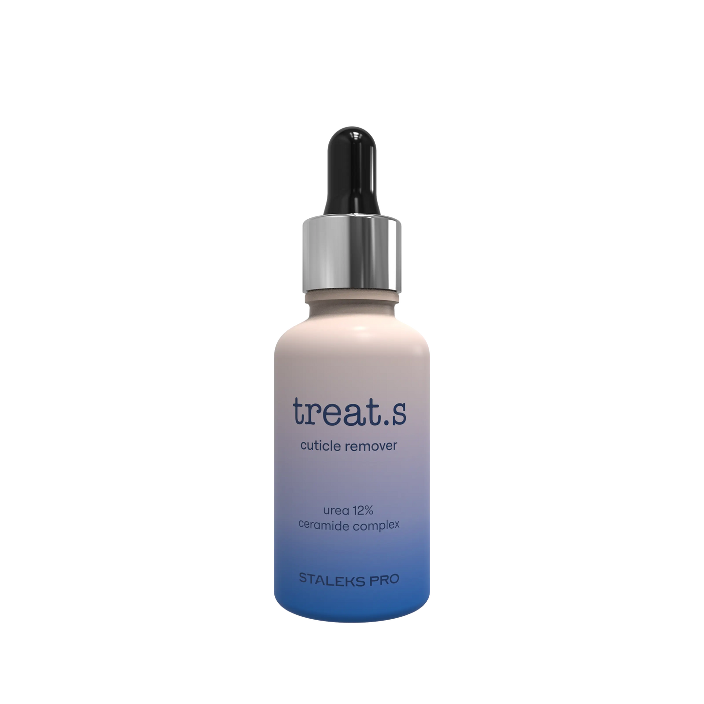 Flacon d’émollient cuticules treat.s 30 ml de Staleks Pro avec pipette, dégradé beige/bleu, vue de face.