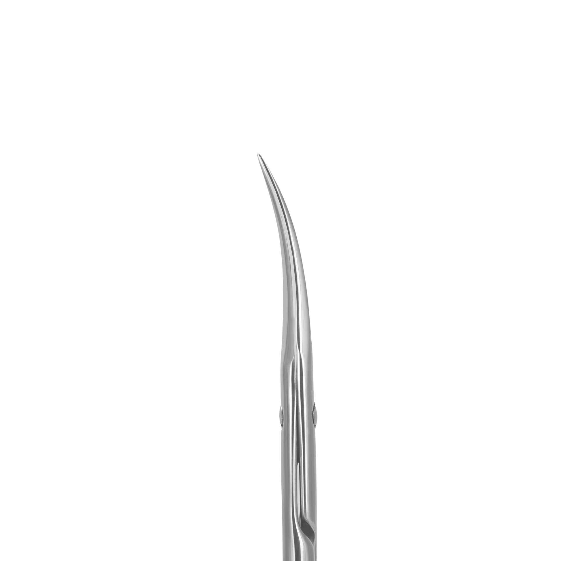 Gros plan sur les lames courbées des ciseaux Staleks SX-22/2m, affûtage manuel pour coupe ultra-précise.