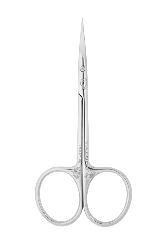 Ciseaux à cuticules Staleks SX-23/1M vue de face, manches longs et anneaux ergonomiques.
