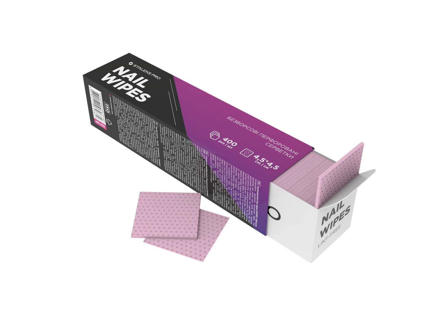 Boîte Staleks Pro de 400 cotons non pelucheux 4,5×4,5 cm, couleur rose, vue 3/4 avec lingettes sorties.