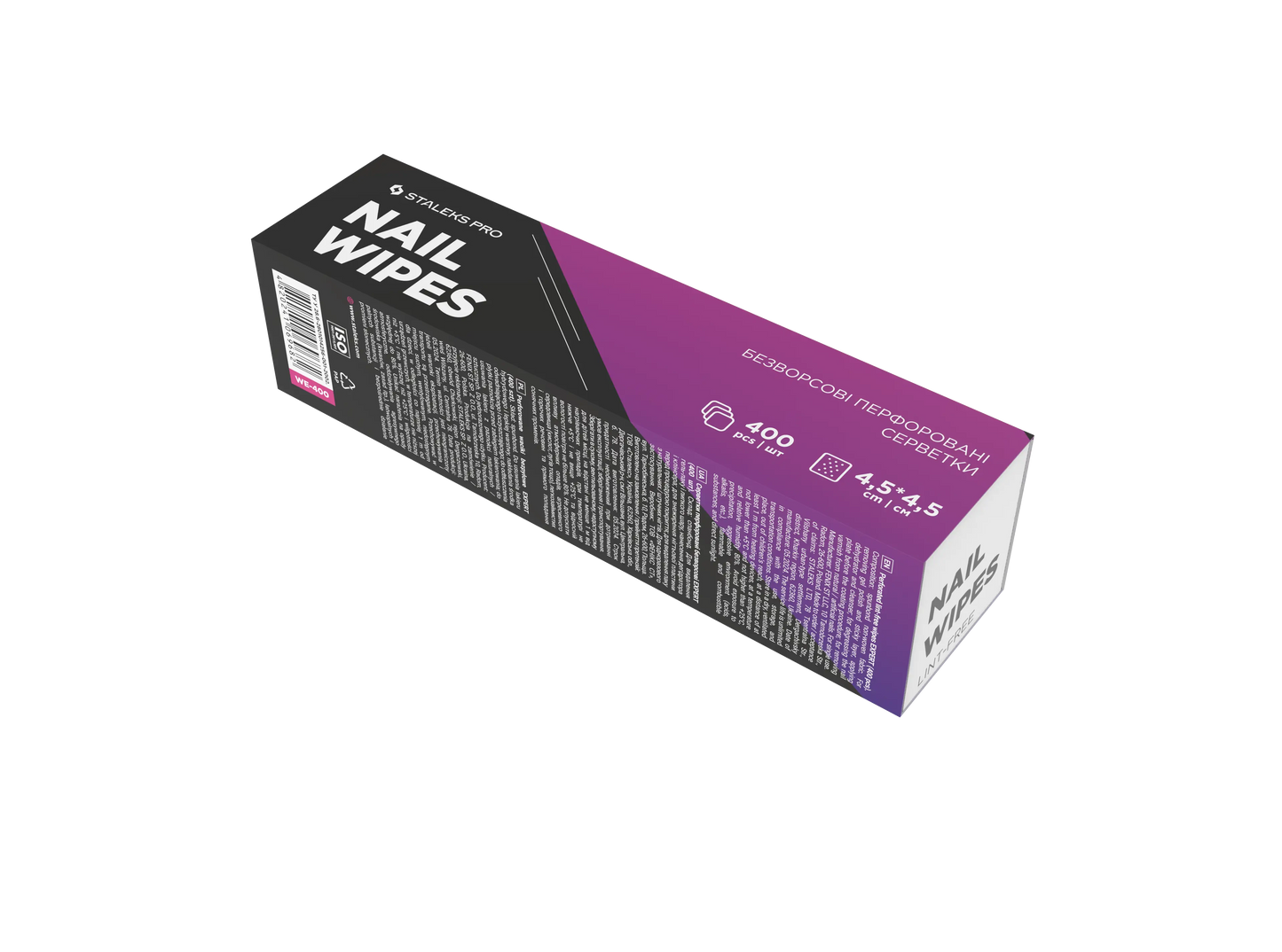 Emballage fermé « NAIL WIPES » Staleks Pro, mention 400 pcs et format 4,5×4,5 cm.
