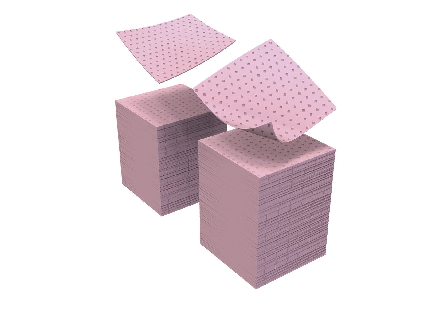 Piles de carrés roses perforés 4,5×4,5 cm, gros plan sur la texture sans peluches.