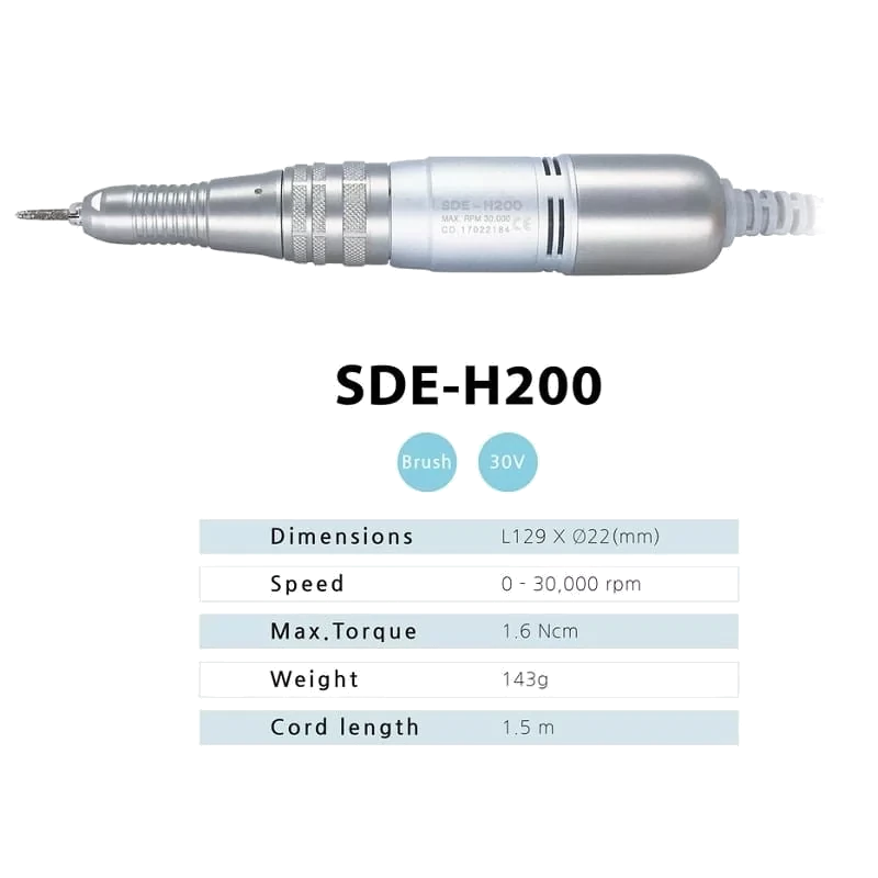Pièce à main SDE-H200 de la ponceuse Saeyang Marathon 3 Champion, avec ses caractéristiques techniques : 129 mm de long, 143 g, 30 000 tr/min, couple de 1,6 Ncm.