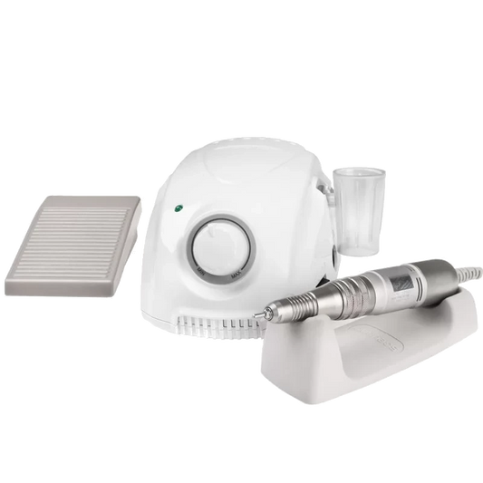 Ponceuse professionnelle à ongles Saeyang Marathon 3 Champion blanche, avec pièce à main H200, pédale de commande et support.