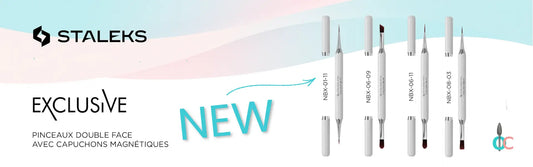 Bannière Staleks Pro Exclusive présentant les nouveaux pinceaux double face avec capuchons magnétiques pour gel, liner et nail art professionnel.