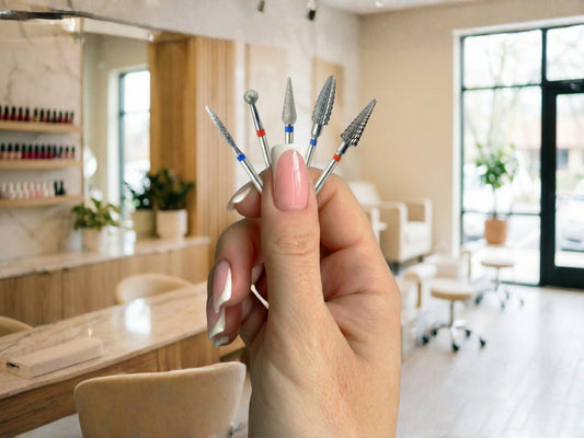 Main tenant en éventail cinq embouts de ponceuse dans un salon de manucure, illustrant un kit polyvalent diamant et carbure pour le travail des ongles.