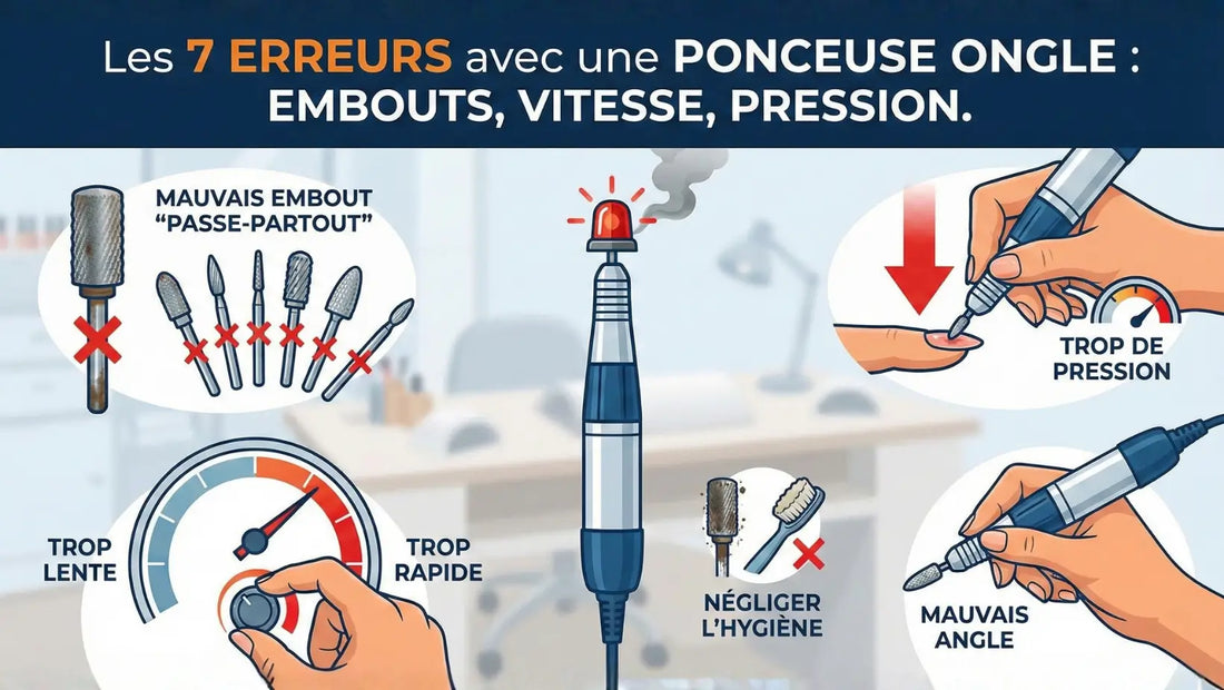 Infographie “Les 7 erreurs avec une ponceuse ongle” illustrant les principaux risques : mauvais embout “passe-partout”, vitesse trop lente ou trop rapide, trop de pression, mauvais angle de travail et hygiène négligée, avec une ponceuse au centre.