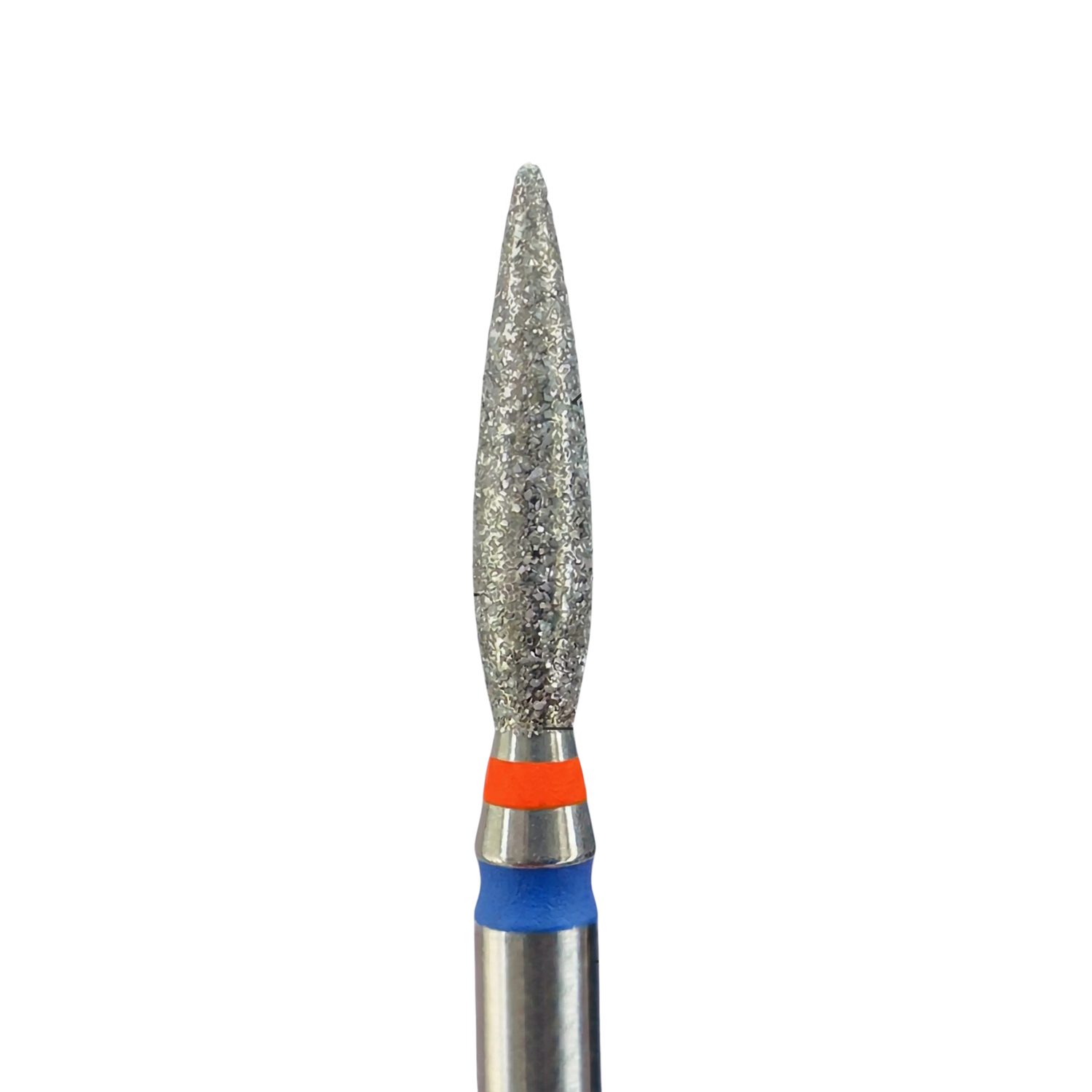 Embout de ponceuse à ongles diamant en forme de flamme avec bagues orange et bleue.