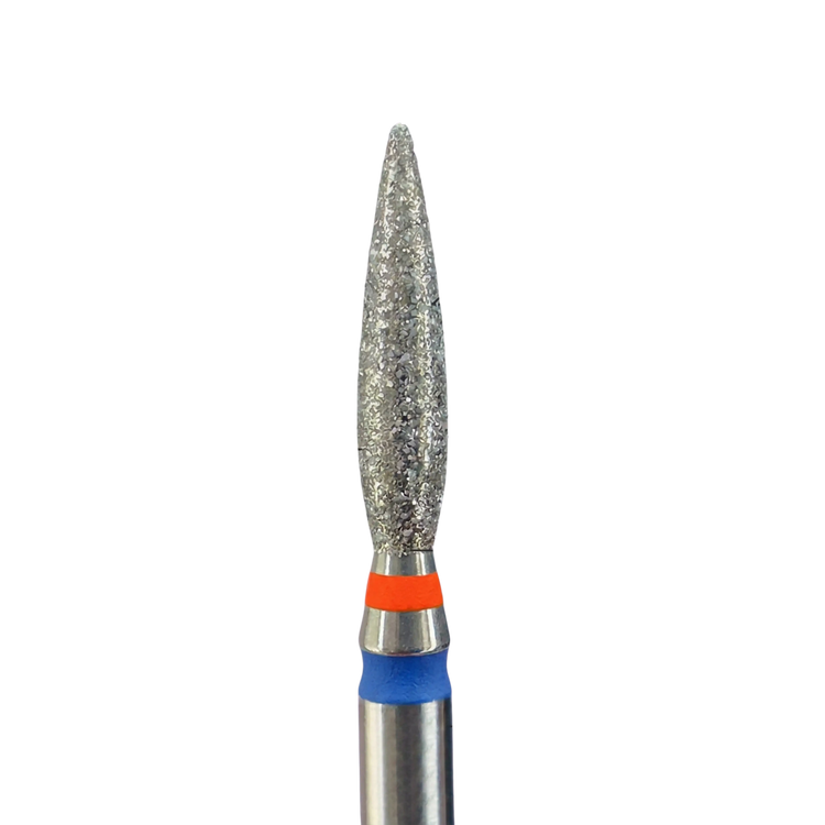 Diamant-Nagelfräserbit in Flammenform mit orangefarbenen und blauen Ringen.