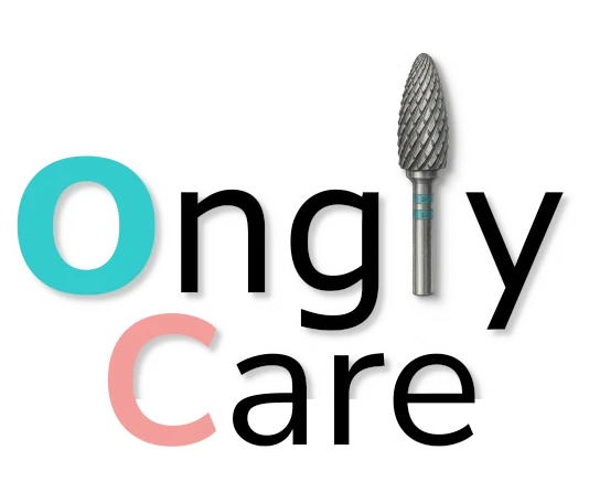 Logo de la boutique Ongly Care, avec lettres colorées et un embout de ponceuse, spécialisée dans les embouts et fraises pour ongles.