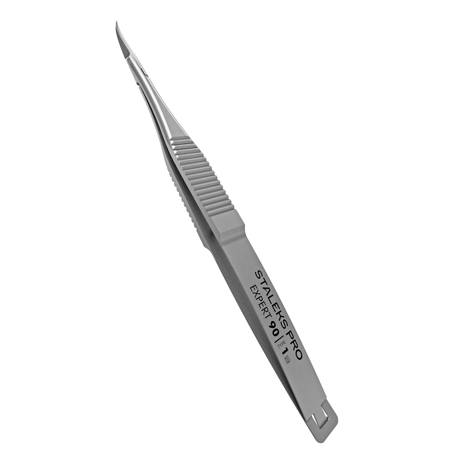 Pince de précision professionnelle en acier inoxydable Staleks Pro Expert 90 Type 1. L'outil présente un manche avec des rainures antidérapantes pour une meilleure prise en main et se termine par des micro-pointes fines et légèrement courbées