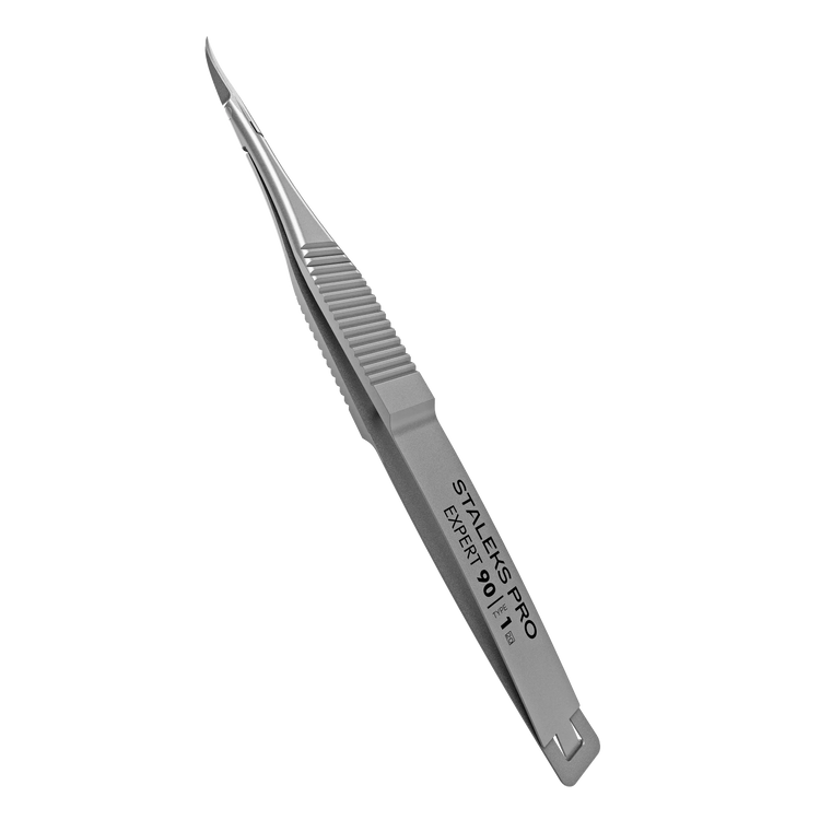 Professional precision stainless steel tweezers Staleks Pro Expert 90 Type 1. The tool features a handle with anti-slip grooves for better grip and ends with fine, slightly curved micro-tips.