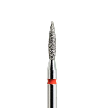 Embout diamant KMIZ forme flamme, grain fin rouge, Ø 1,8 mm, vue rapprochée.