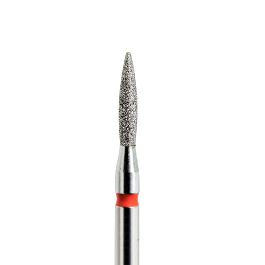 Embout diamant KMIZ forme flamme, grain fin rouge, Ø 1,8 mm, vue rapprochée.
