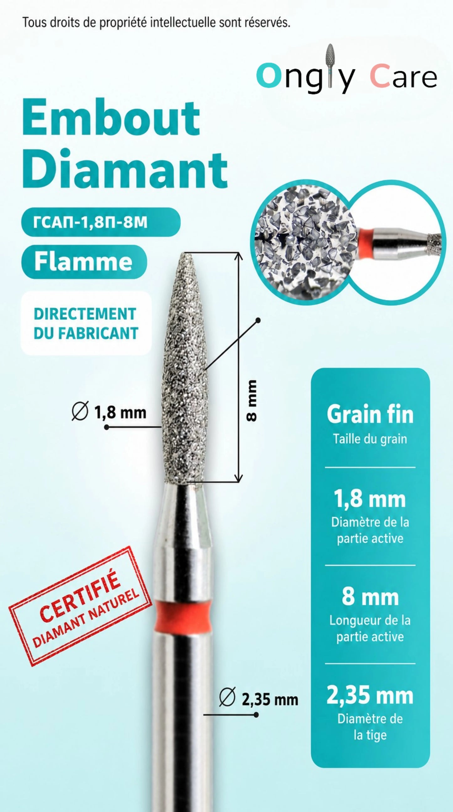 Infographie de l’embout diamant KMIZ Flamme Ø 1,8 mm, grain fin, partie active de 8 mm et tige de 2,35 mm.
