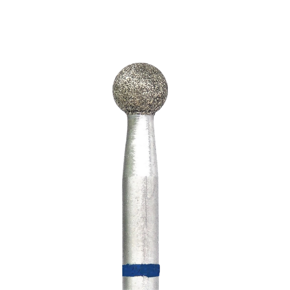 Embout de ponceuse diamanté forme boule Ø 3,1 mm, grain moyen, avec bague bleue, pour un travail précis de l’ongle.