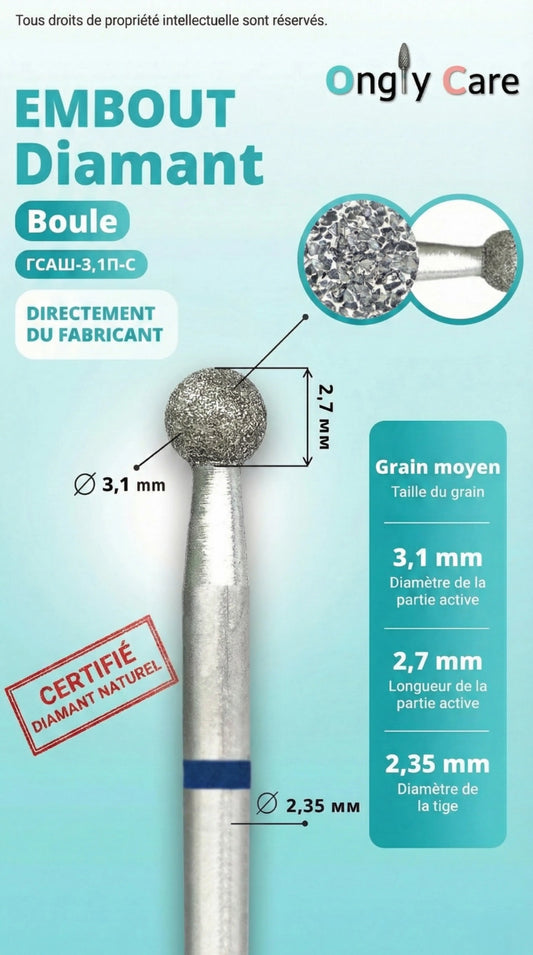 Infographie Ongly Care de l’embout diamant boule KMIZ Ø 3,1 mm grain moyen, avec dimensions (partie active 2,7 mm, tige 2,35 mm) et zoom sur le grain.