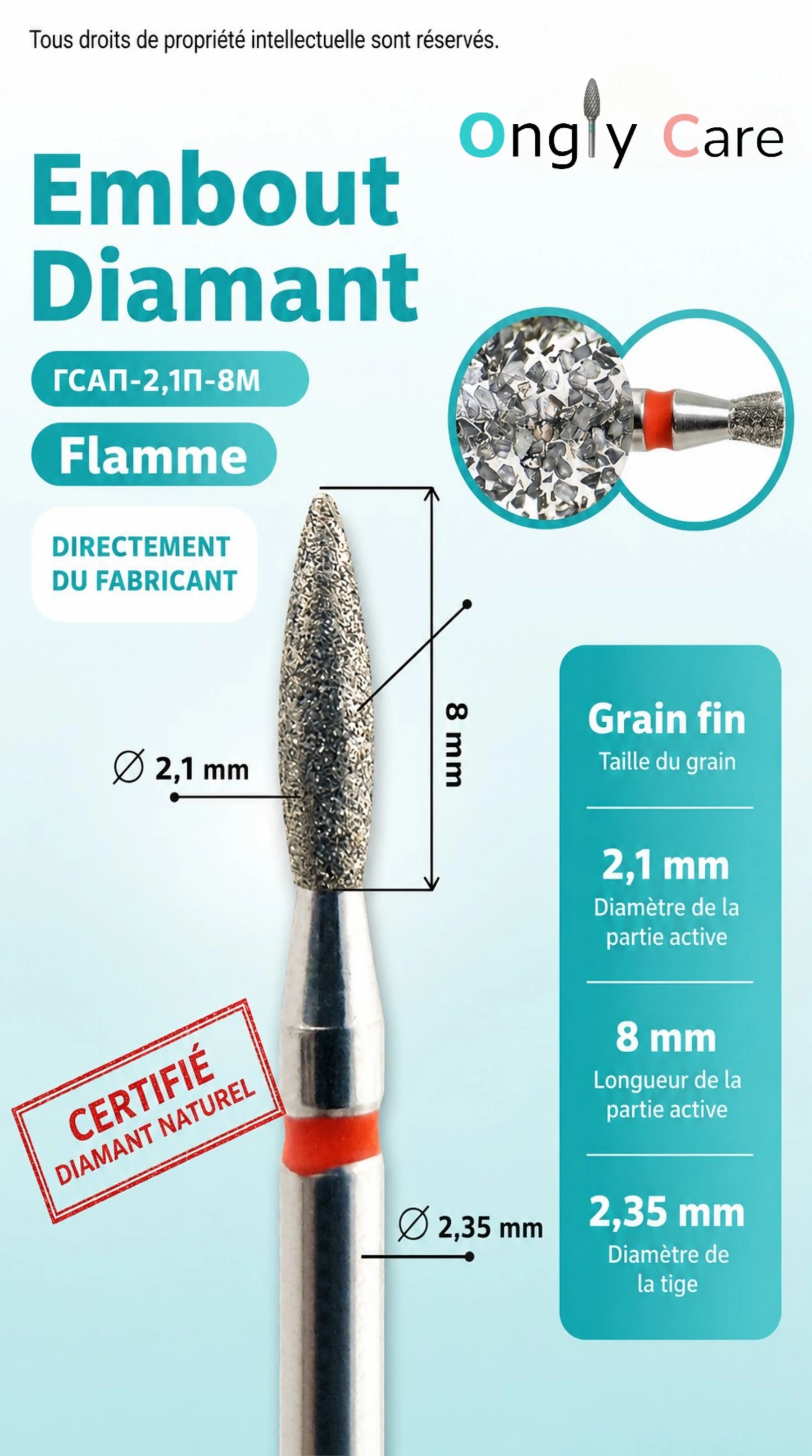 Infographie de l’embout diamant KMIZ Flamme Ø 2,1 mm, grain fin, partie active de 8 mm et tige de 2,35 mm.