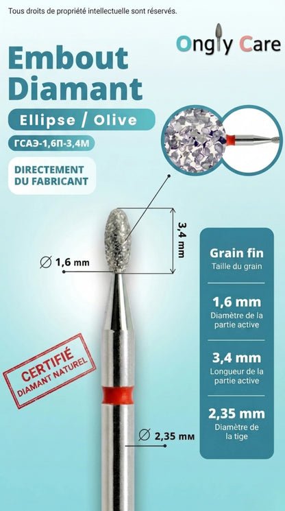 Visuel technique de l’embout diamant Olive KMIZ 115430 grain fin, Ø1,6 mm et longueur 3,4 mm.