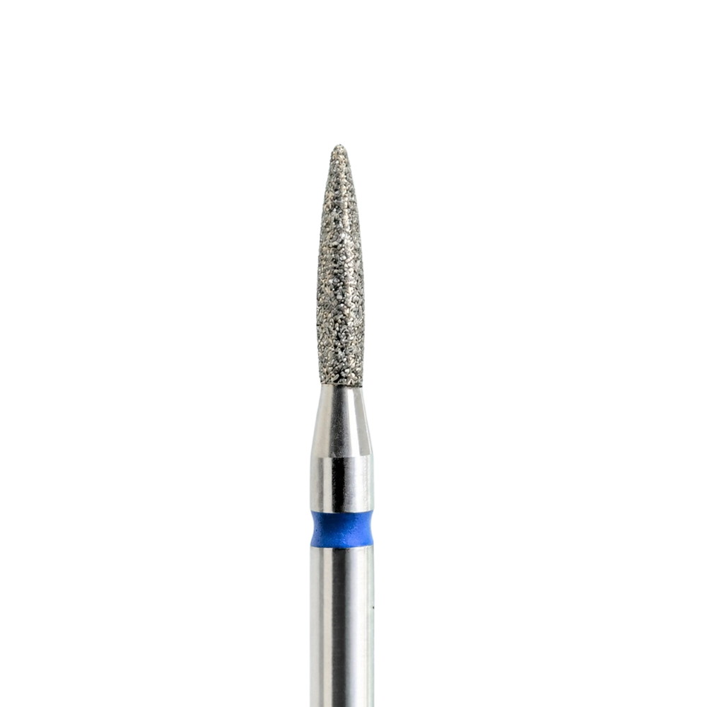 Diamond bit KMIZ flame shape, medium blue grit, Ø 1.8 mm, close-up view.